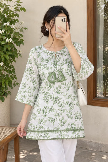 Mint Green Floral Printed cotton Kurti for Girls