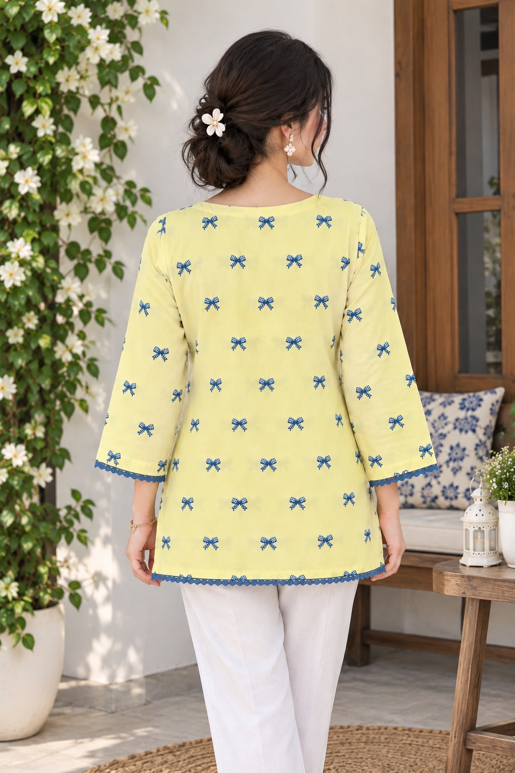 Mint Green Floral Printed Malai Linen Kurti for Girls