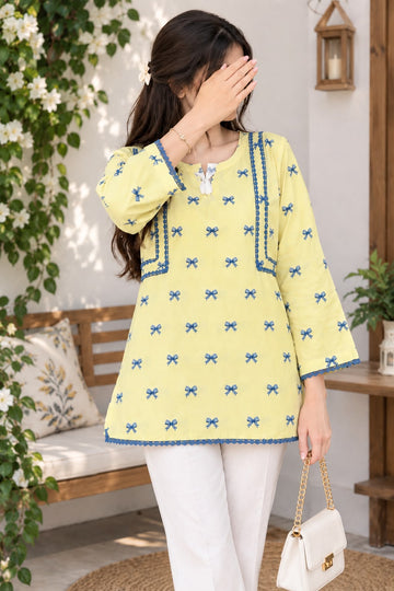 Mint Green Floral Printed Malai Linen Kurti for Girls