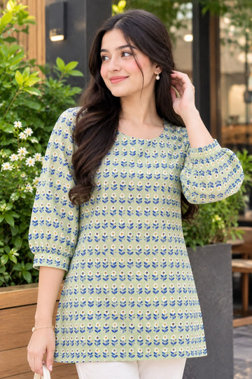 olive green Floral Printed soft Linen Kurti for Girls
