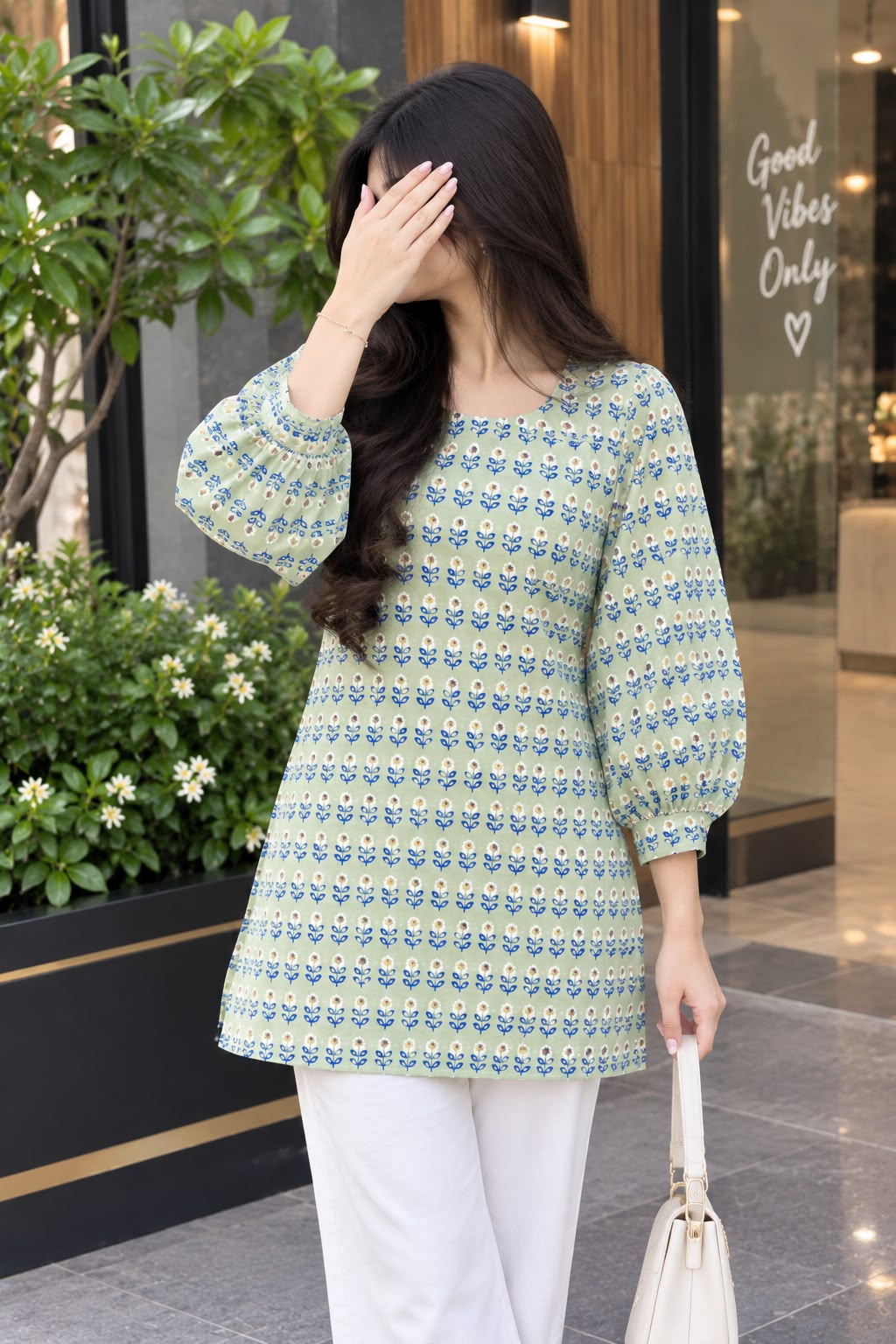 olive green Floral Printed soft Linen Kurti for Girls