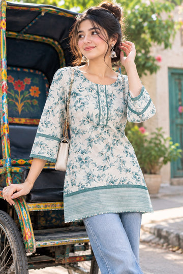 olive green Floral Printed cotton Kurti for Girls