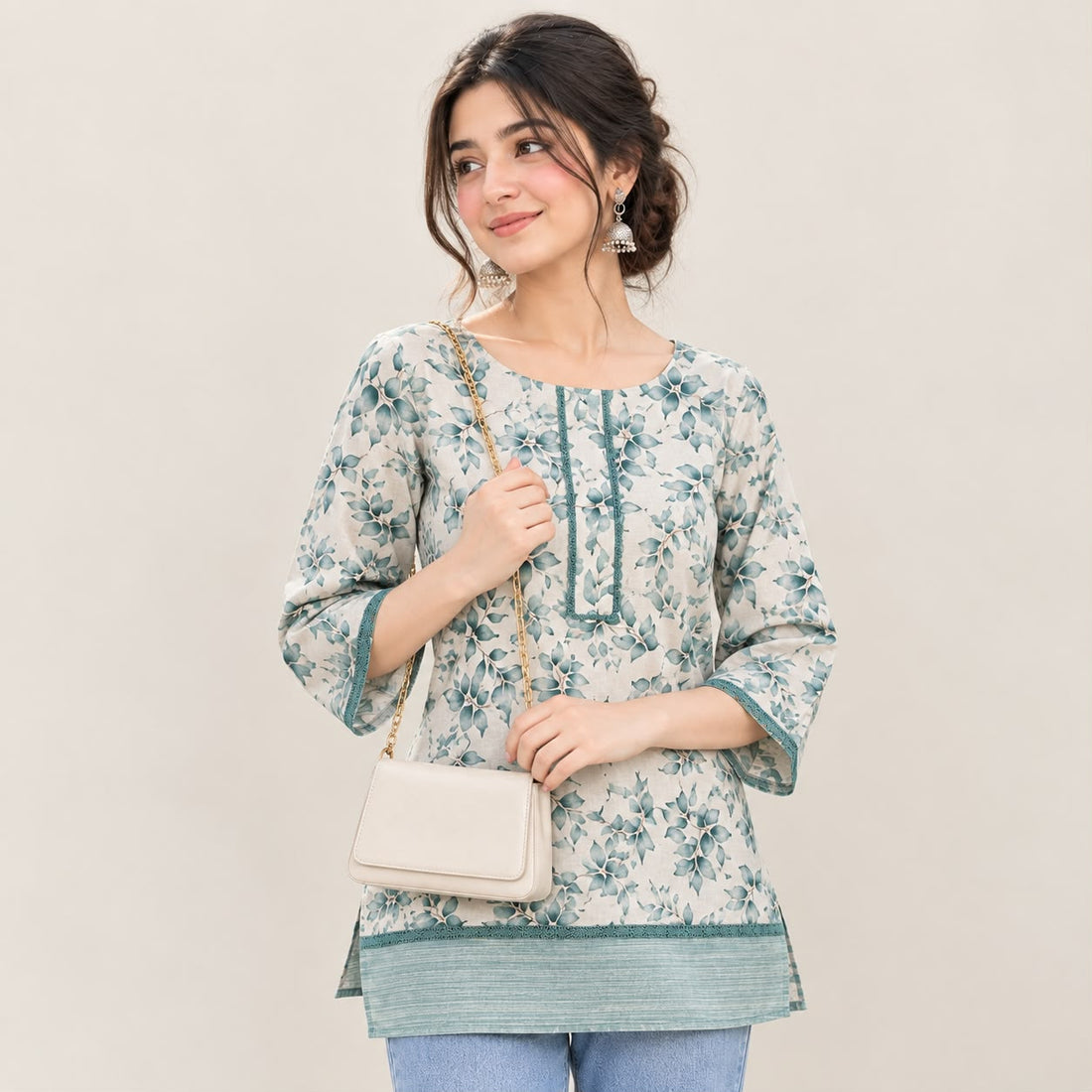 olive green Floral Printed cotton Kurti for Girls